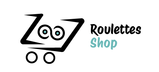 Logo Roulettes Shop représentant un caddie moderne noir avec en son centre des roulettes stylisé en signe infini